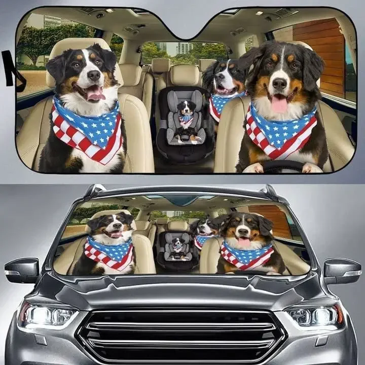 

Бернская Гора, семейный американский флаг, автомобильный солнцезащитный козырек, солнцезащитный козырек на лобовое стекло, Бернская Гора США, семейный вождение, любители собак, авто