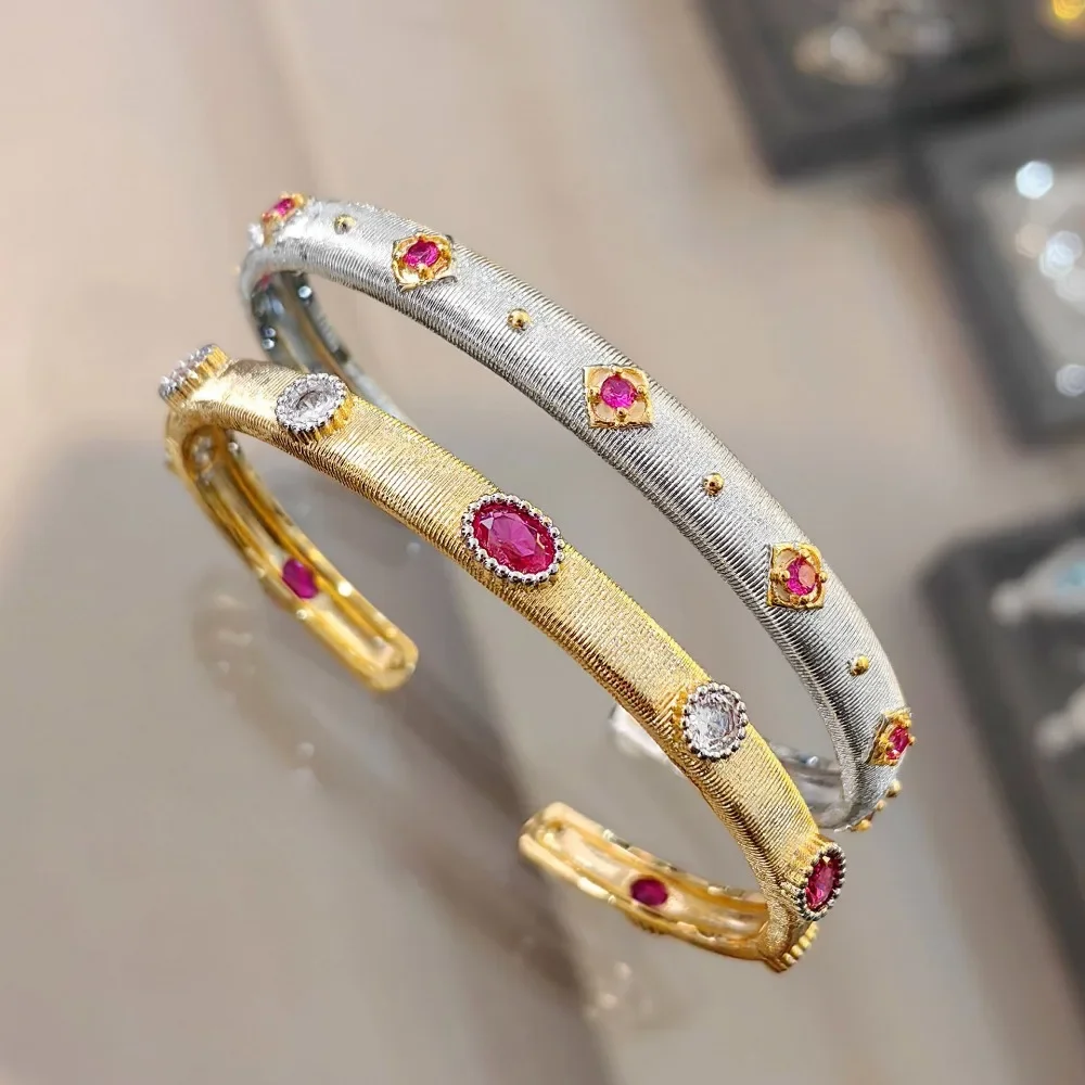 

925 Silver Style Italian Vintage Jewelry Inlaid Red Corundum Gold-plated Bracelets Women's 2024 New Trend Jewelry for Women