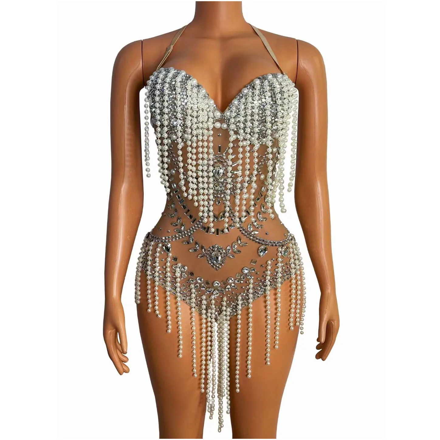 

Halter Backless Nude Shining Rhinestones Pearls Beading Sexy Bodysuits For Women Nightclub Prom Clothing Singer Stage Costumes