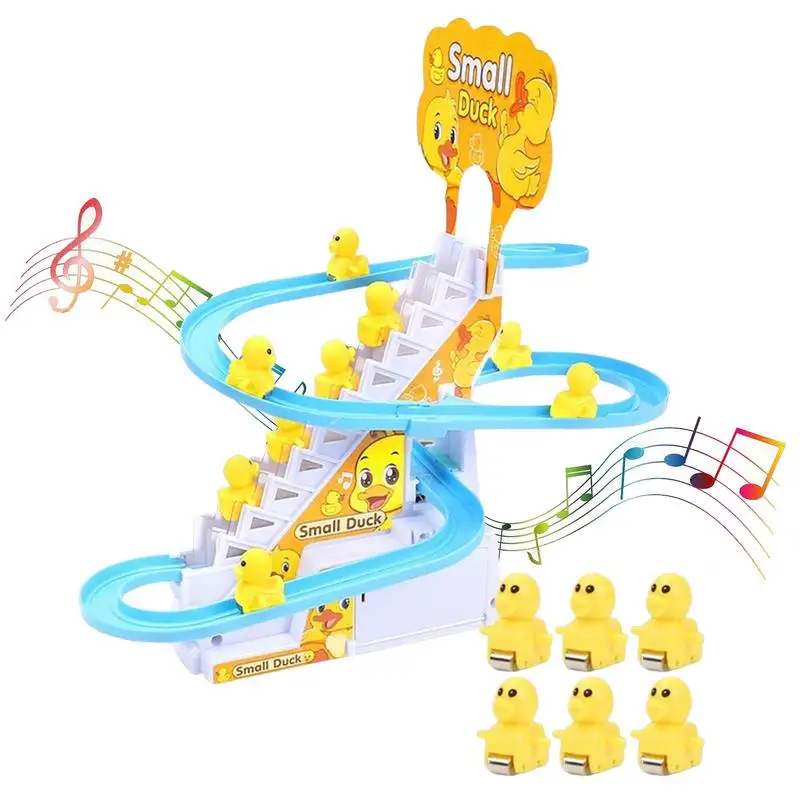 DIY Rail Racing Track Electric Small Duck Climbing Stairs Toy Action Figures Toys Music Roller Coaster Toy For Kids Gifts
DIY Rail Racing Track Electric Small Duck Climbing Stairs Toy Action Figures Toys Music Roller Coaster Toy For Kids Gifts