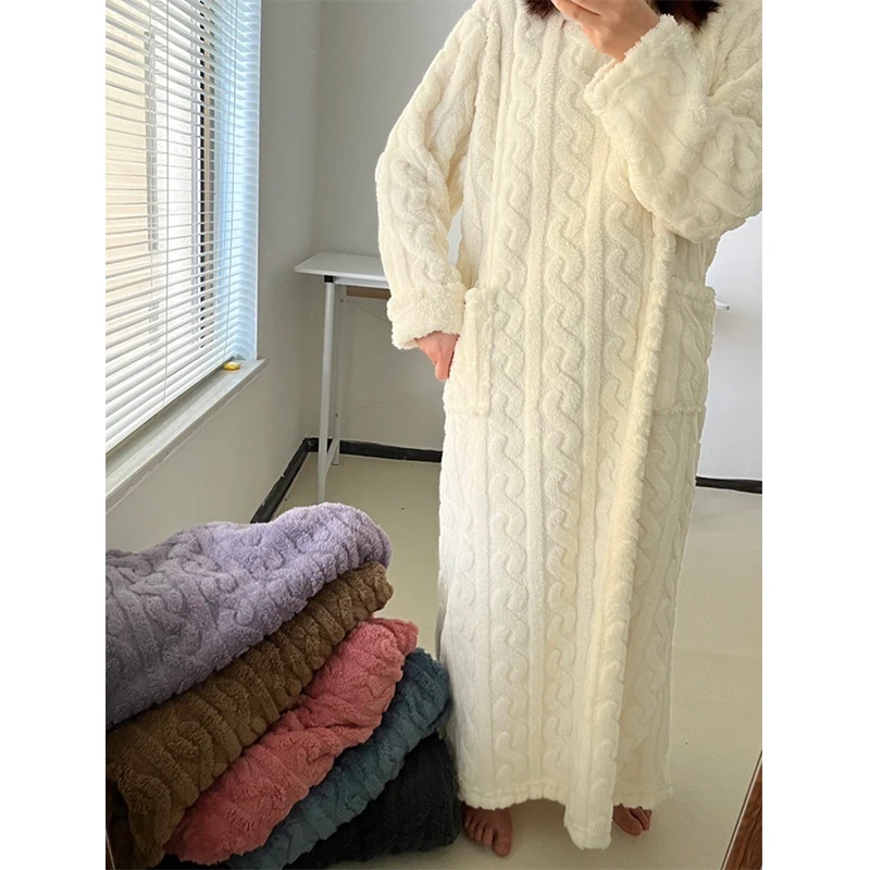 

Coral Fleece Nightgowns Women Plus Velvet Thicker Ribbed Solid Loose Casual Warm Sleepwear O-neck Pockets Autumn Winter Lounge