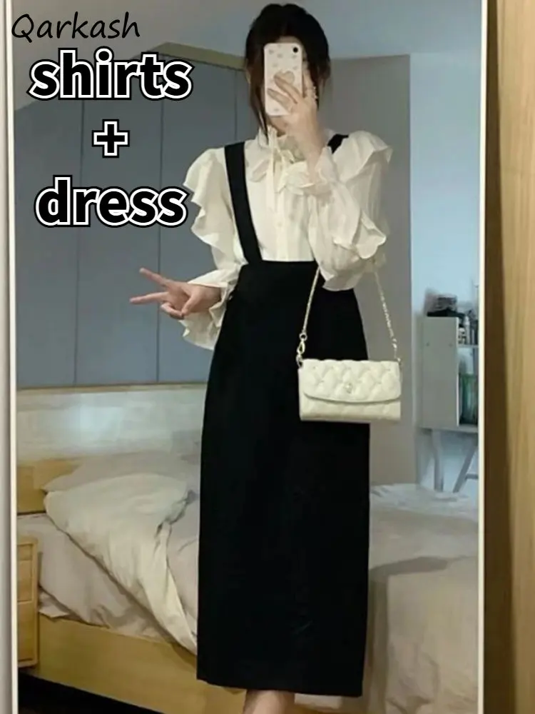 

Женские комплекты из 2 предметов, элегантная рубашка с оборками, прямое уличное платье миди, модная эстетичная Офисная Женская Весенняя повседневная одежда в Корейском стиле