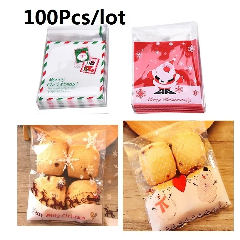 

100 Pcs Christmas Santa Claus Moose Snowman Self-adhesive Cookie Packaging Bags for Biscuits Snack Christmas Decoration 4 Styles