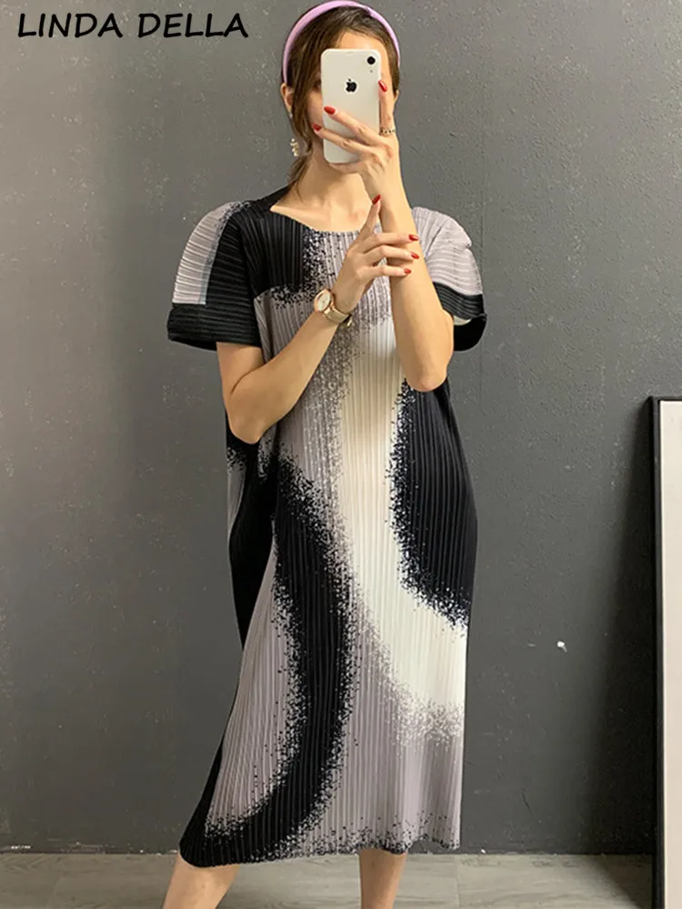 

Женское свободное плиссированное платье LINDA DELLA, дизайнерское Повседневное платье миди с круглым вырезом, коротким рукавом и винтажным принтом, лето 2019