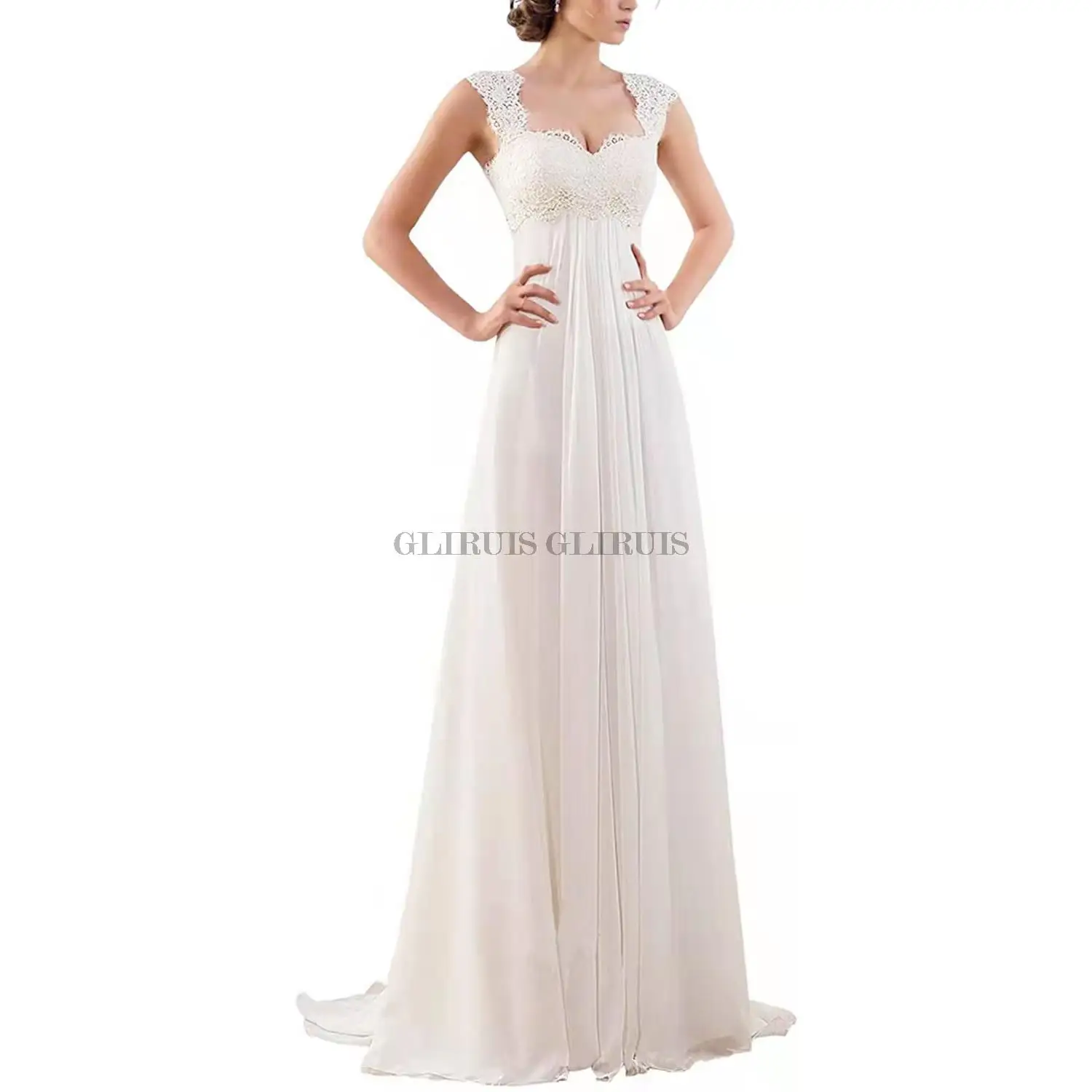 

A-Line Chiffon Long Empire Wedding Dresses Sweetheart Robe de Mariée Lace Beaded Pregnant Bridal Gowns