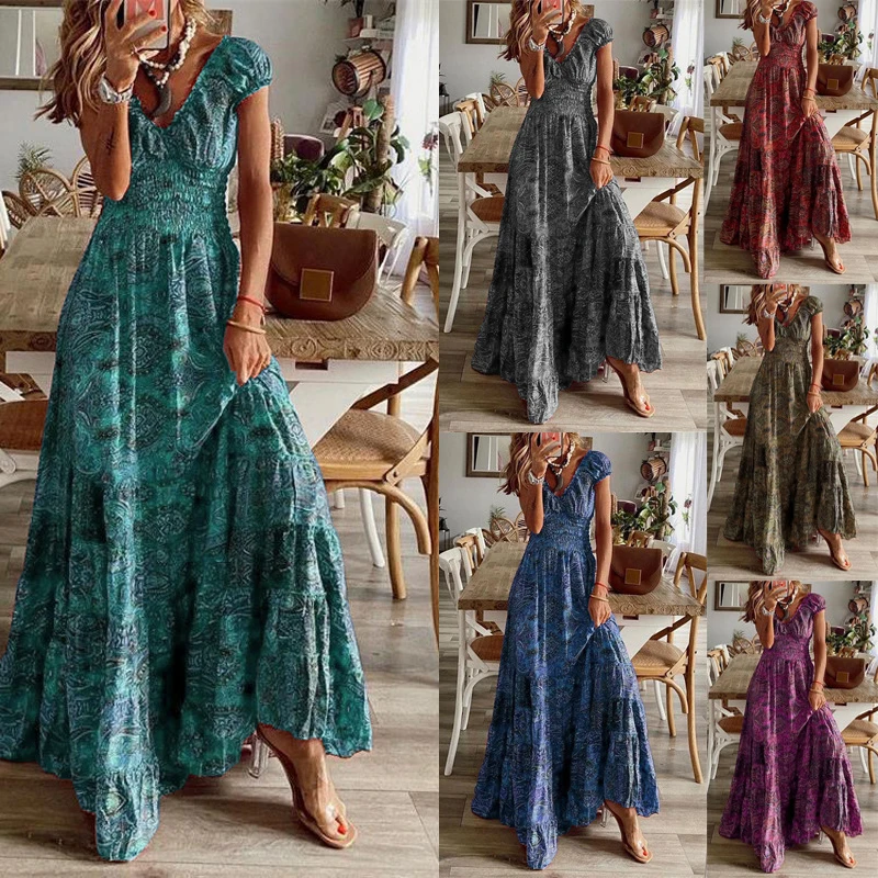 Women Vintage Long Dresses 2023 Summer Floral Print Bohemian Beach Sundress Female Casual V Neck Big Swing Maxi Dresses Vestidos
Women Vintage Long Dresses 2023 Summer Floral Print Bohemian Beach Sundress Female Casual V Neck Big Swing Maxi Dresses Vestidos