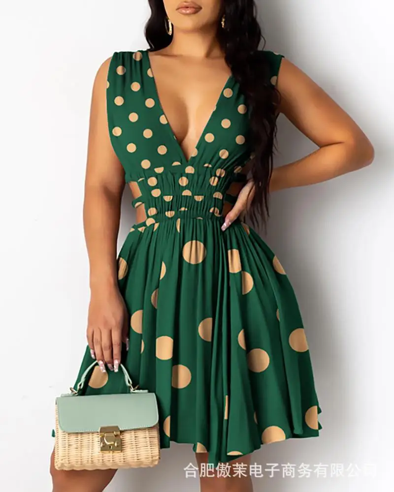 

Women's Pleated Dress 2024 Spring/summer Latest Sexy Deep V-Neck Polka Dot Print Vacation Beach Mini Dress In Europe and America