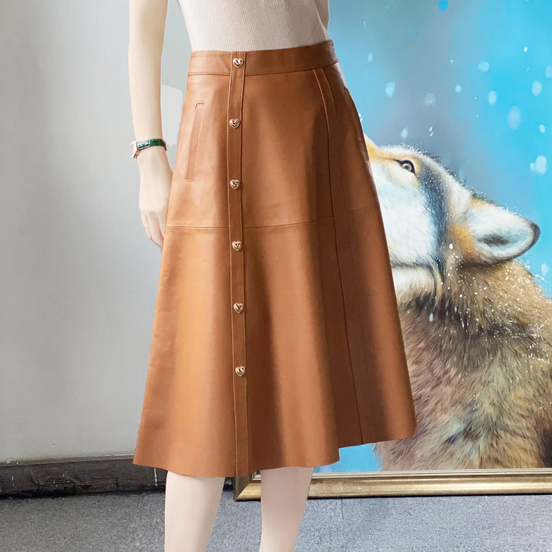

2023 Genuine Leather Skirt Autumn and Winter New Fashion Style Light Mature Style High Waist Slim Sheepskin Half Body Umbrella S