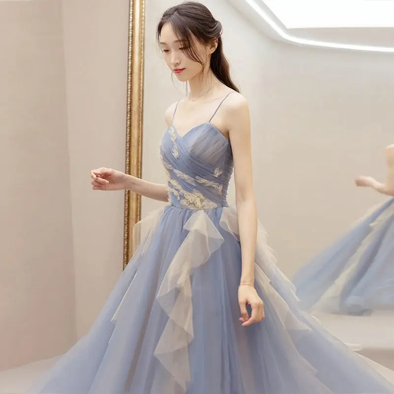 

Женское вечернее платье на бретелях-спагетти, голубое платье с V-образным вырезом, без рукавов, новинка весны 2024, сексуальная Коктейльная юбка принцессы для выпускного вечера, простота
