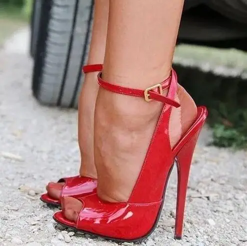 

Red Patent Leather Peep Toe Stiletto Thin High Heel Summer Sandals Ankle Strap Open Toe Runway Dress Women Slingback Shoes