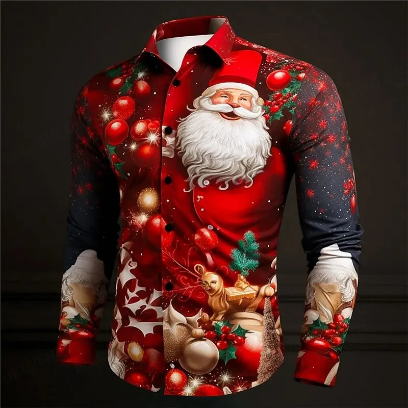 

Long Sleeve Christmas Hawaiian Shirts Men Fashion Shirt Santa Claus Aloha Cuba Beach Blouse Turn Over Collar Camisas Male Shirts