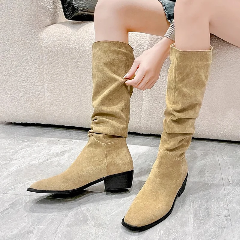 

New Chunky High Heels Women Knights Boots Square Toe Knee-High Boots Women Suede Pleated Long Boots Fashion Botas de mujer