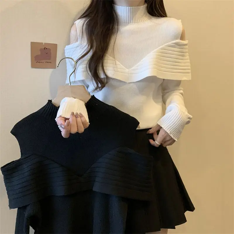 

Turtleneck Hollow Out Women Pullover Casual Vintage Chic Long Sleeve Basic Top Sweater Black Jumpers Mock Neck Puff Ladies Tee