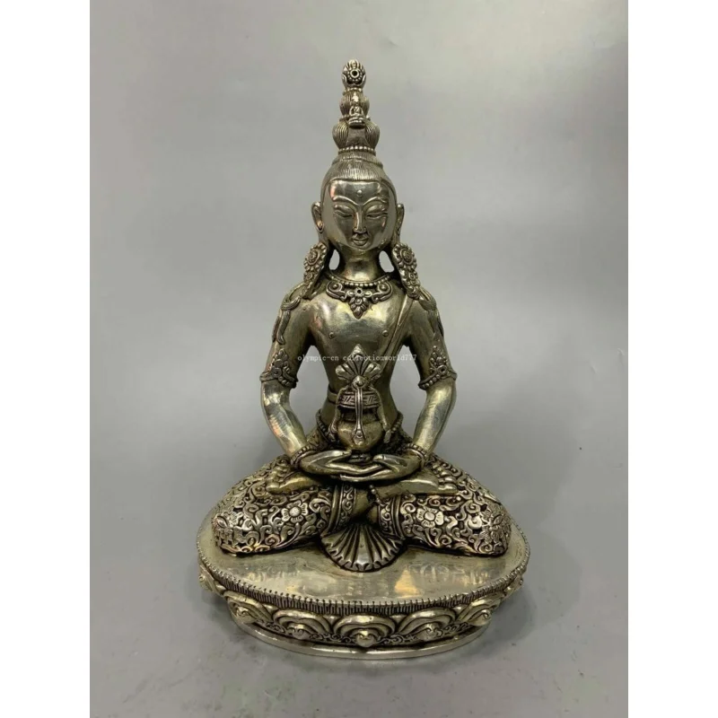 

8 inch bronze silver plating carved buddhism Amitayus Amitabha Buddha statue