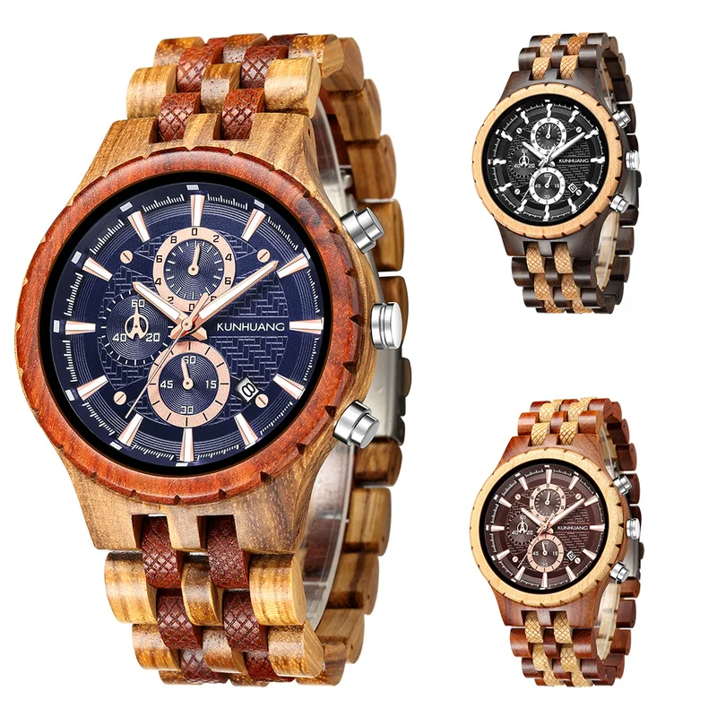 KUNHUANG New Arrival Wooden Quartz Watches Calendar Color Dial Fashion Design Logo Wood Watches For Men
KUNHUANG New Arrival Wooden Quartz Watches Calendar Color Dial Fashion Design Logo Wood Watches For Men