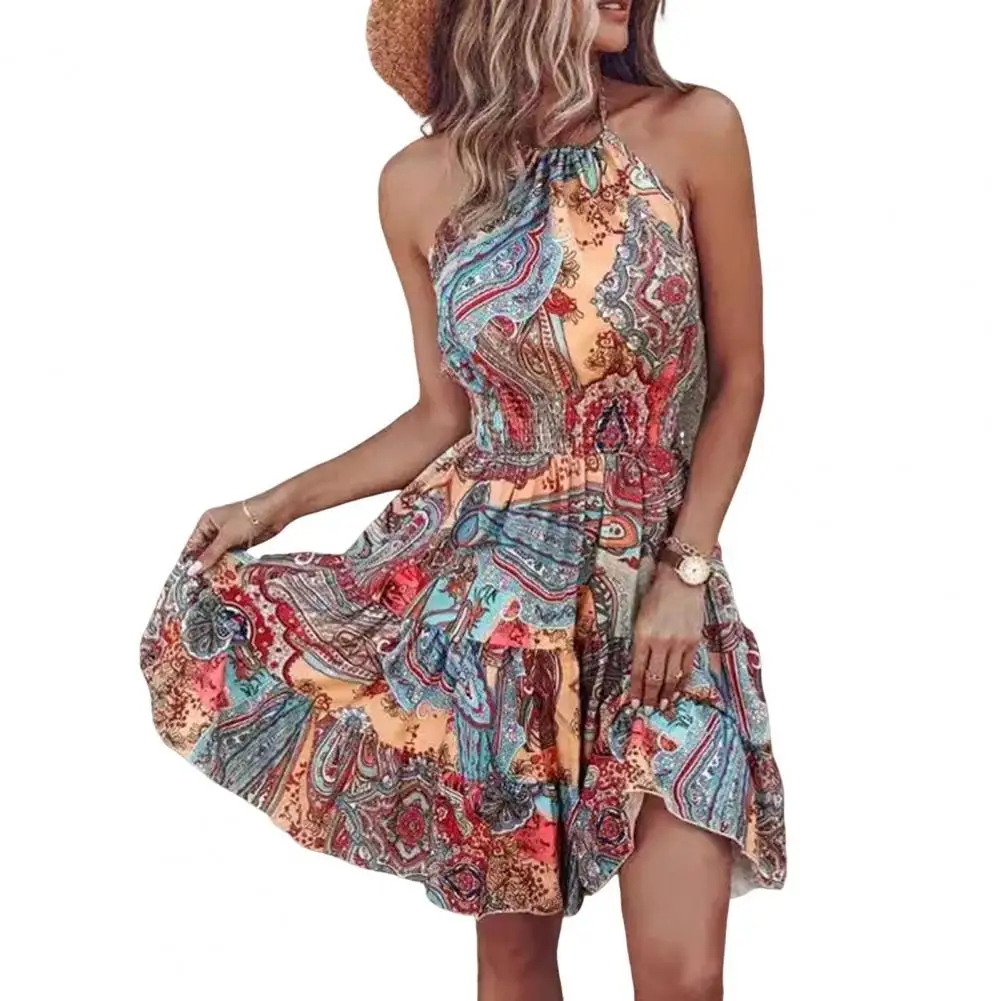 

Женское платье с цветочным принтом, летнее пляжное платье с открытыми плечами и лямкой на шее, с а-силуэтом, с эластичной талией, для отпуска или мини