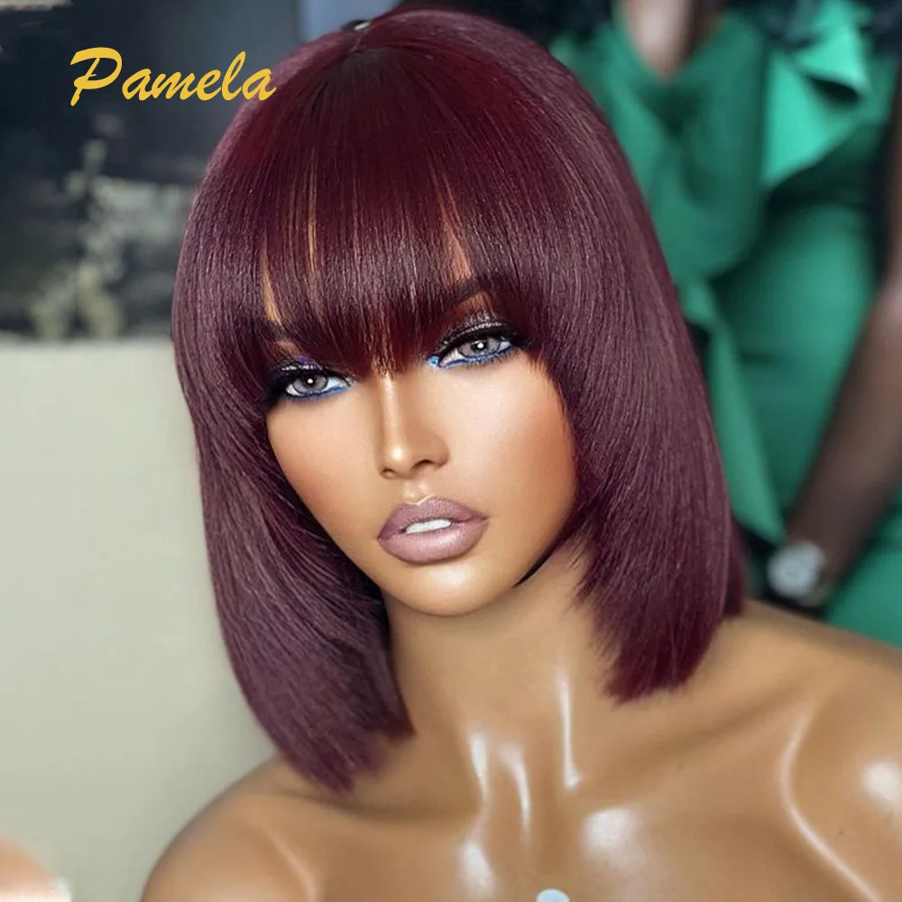 

Ginger Burgundy 3x1 Lace Glueless Wig Human Hair Ready To Go Brazilian Red Short Bob Bone Straight Wigs With Bang For Women