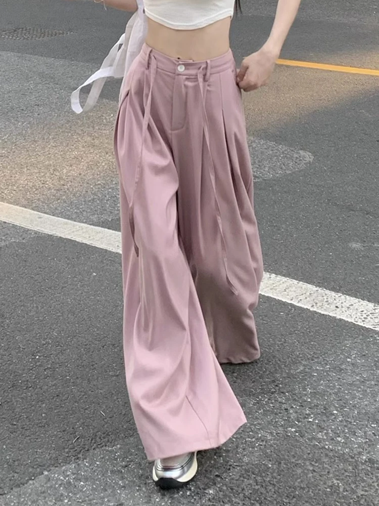 

Новые модные розовые свободные женские Костюмные брюки с высокой талией, повседневные шикарные облегающие длинные однотонные простые женские широкие брюки со шнуровкой