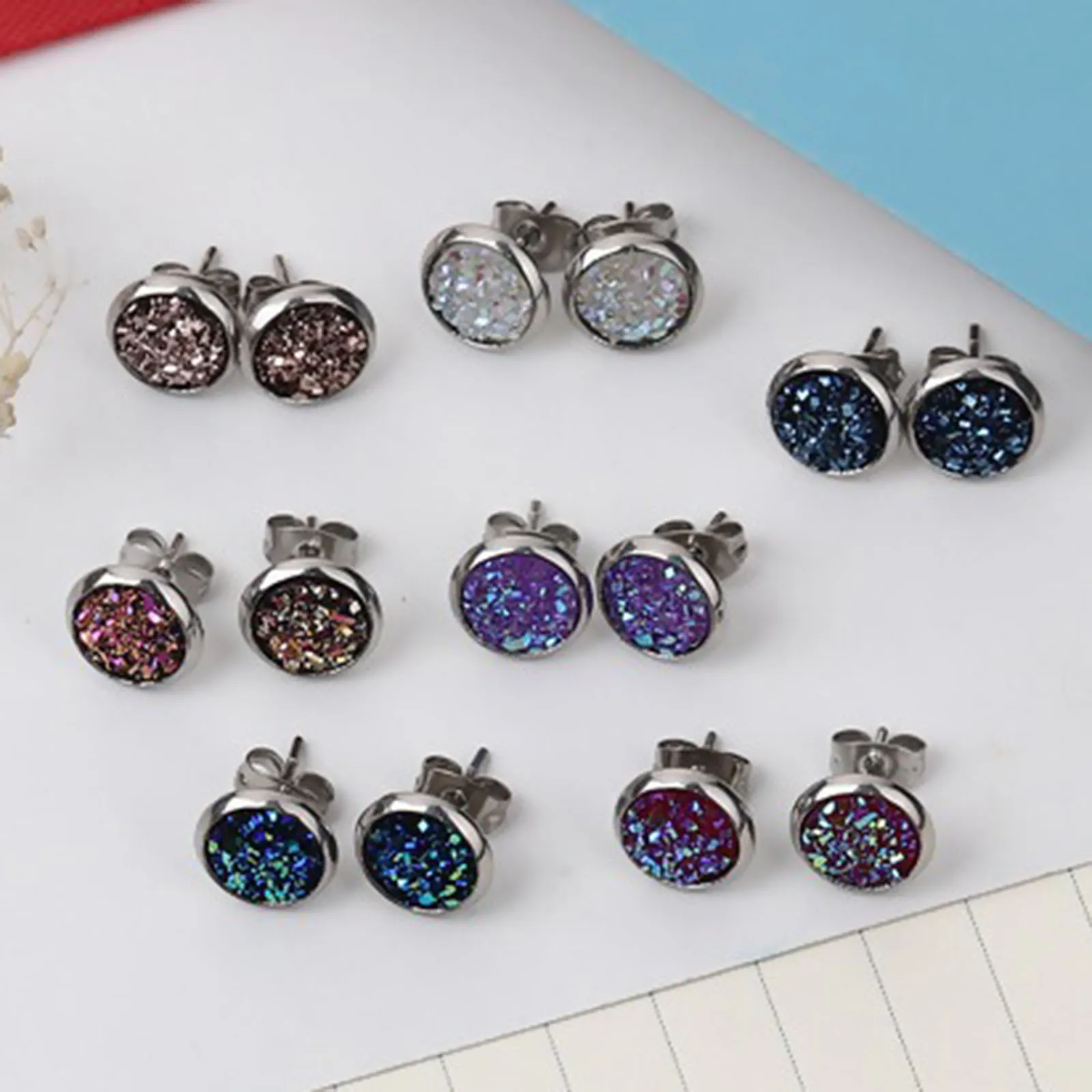 

1Pair Stainless Steel Shinny Drusy Ear Post Stud Earrings Round Multicolor Metal Earrings For Women Fashion Jewelry Trend Gift