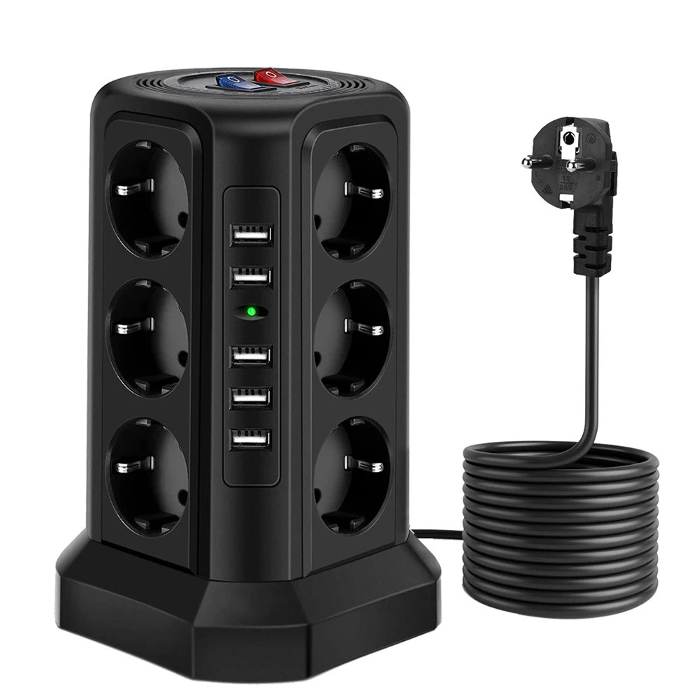 

New Tower Multi Power Strip Vertical EU Plug 12 Way Outlets Sockets with 5 USB Overload Protector Switch Multiple Vertical