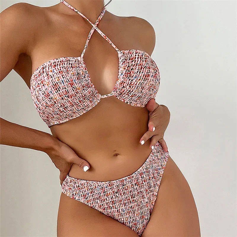 

Sexy String Halter Bandeau Bikinis Set Swimwear Woman Floral Print Ruched Swimsuit Femme Hollow Out Bathing Suit Biquinis Bikini
