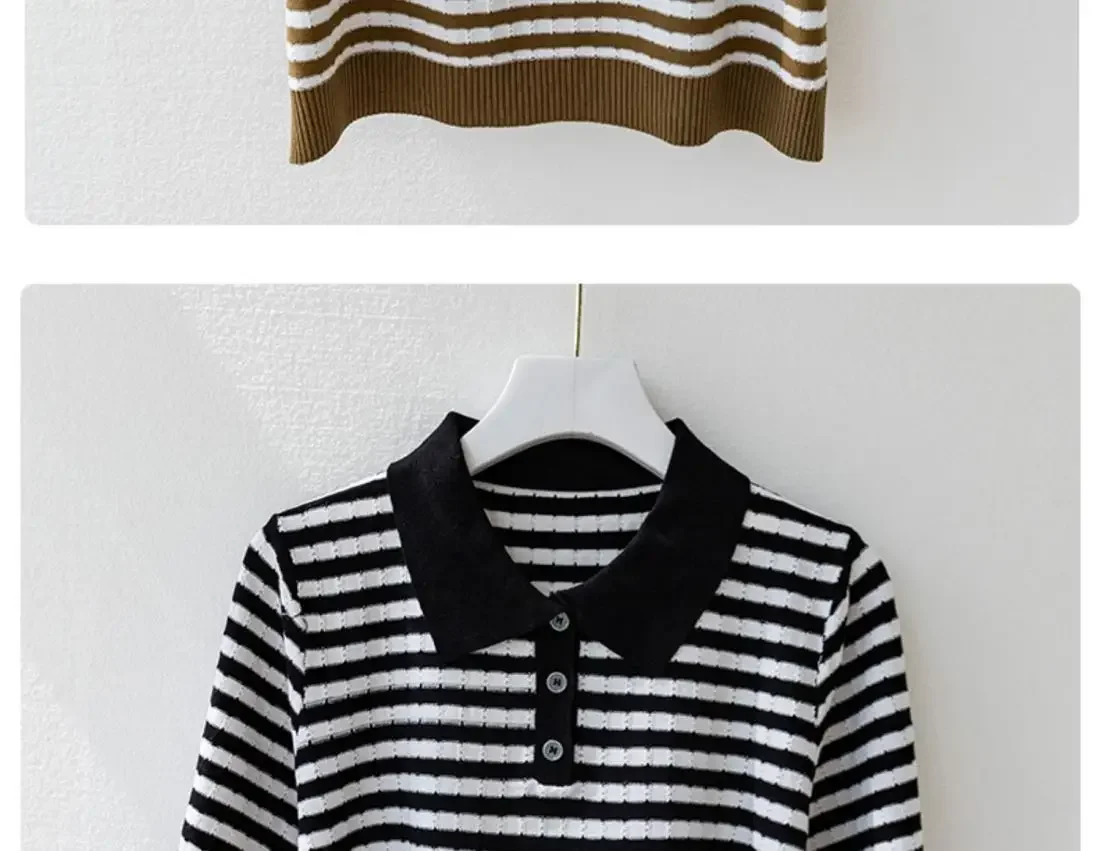 Fashion Women Short Sleeve Striped Knitted Polo Shirts Spring Summer All-match Tees Female Clothing New Pullover Bottoming Tops 42 S77d00436d1a8475290bf8b2ee69e3a06Z