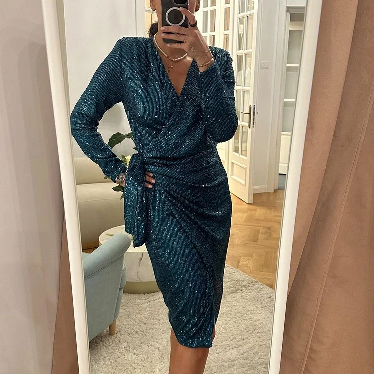 Elegant Sequin Party Dress Women Fashion Solid V-Neck Long Sleeve Lace Up Sequin Evening Dress Women
Elegant Sequin Party Dress Women Fashion Solid V-Neck Long Sleeve Lace Up Sequin Evening Dress Women