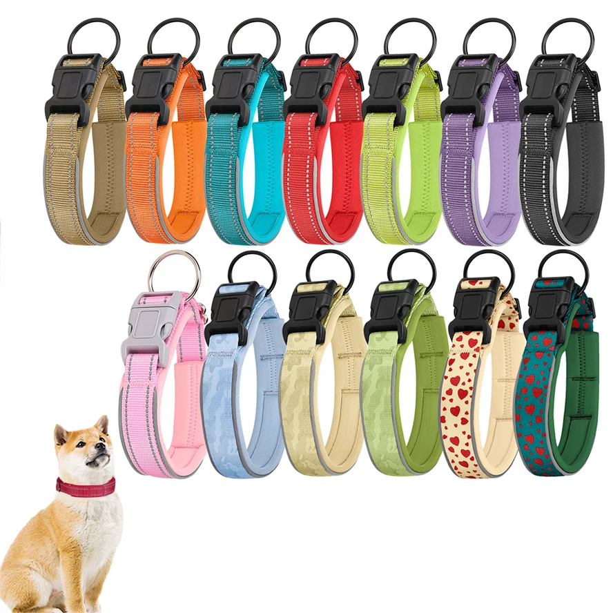 

Nylon Reflective Dog Collar Adjustable Medium To Large Pet Collar with Neoprene Lining and Alloy Ring Dog Collar Dog Accessories