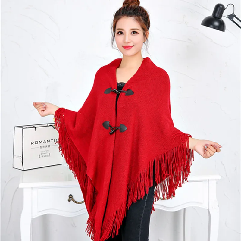 

Spring Autumn New Style Shawl Cape Tassel Ox Horn Buckle Solid Color Irregular Double-Layer Tassel Cloak Shawl Sunscreen Red