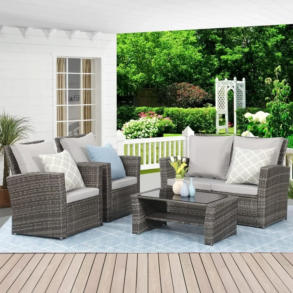 4 Piece Outdoor Patio Furniture Sets, Wicker Conversation Set for Porch Deck, Grey Rattan Sofa Chair with Cushion 
4 Piece Outdoor Patio Furniture Sets, Wicker Conversation Set for Porch Deck, Grey Rattan Sofa Chair with Cushion