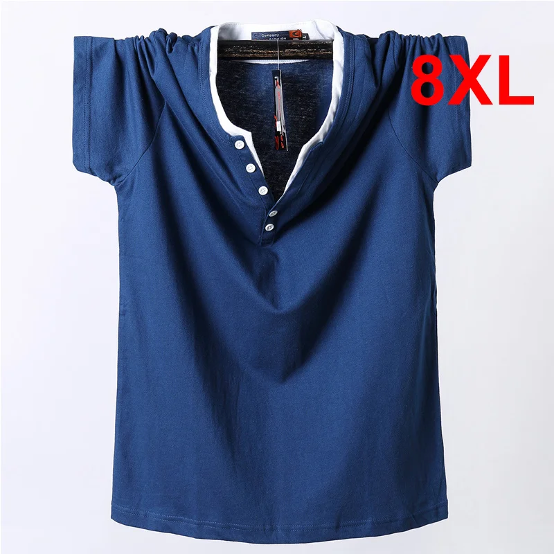 

7XL 8XL Plus Size T-shirt Men 2024 Summer Short Sleeve Tshirt Cotton Casual Solid Color Button Tops Tees for Fat Male Big