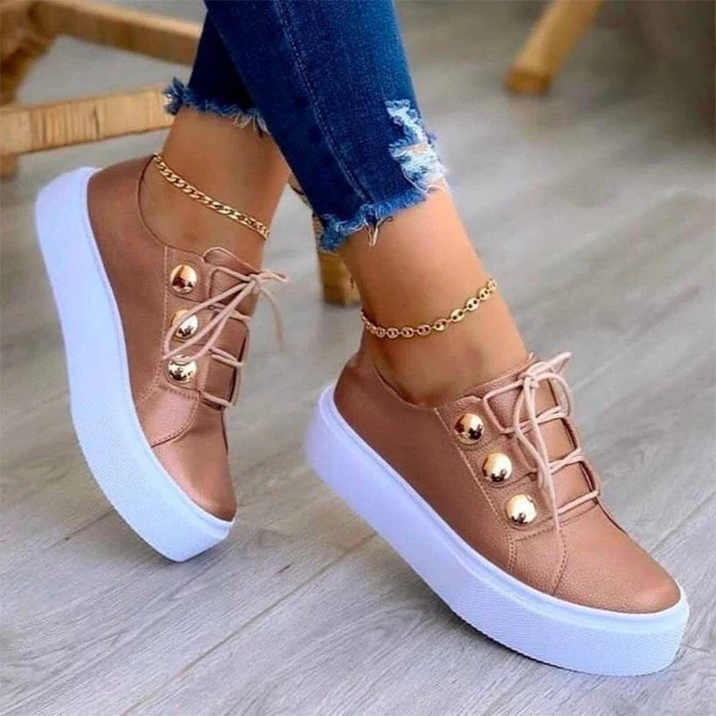 

Women Casual Platform Sneakers Lightweight Flat Walking Shoes Solid Color Lace-up PU Leather Shoes Indoor Outdoor Daily Shoes