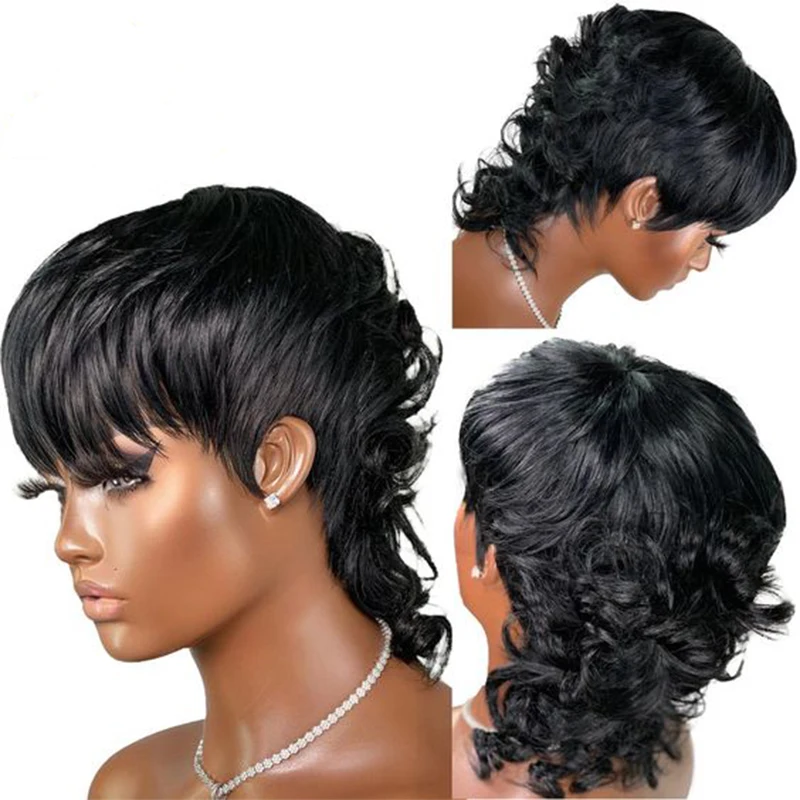 

Loose Wave Pixie Cut Synthetic Wig with Bangs Short Curly Bob Heat-Resistant Synthetic Wigs for Black Women Natural Color