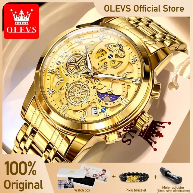 OLEVS – montre à Quartz étanche pour hommes, marque de luxe, Style squelette doré, 24 heures de jour et de nuit, nouvelle collection 1