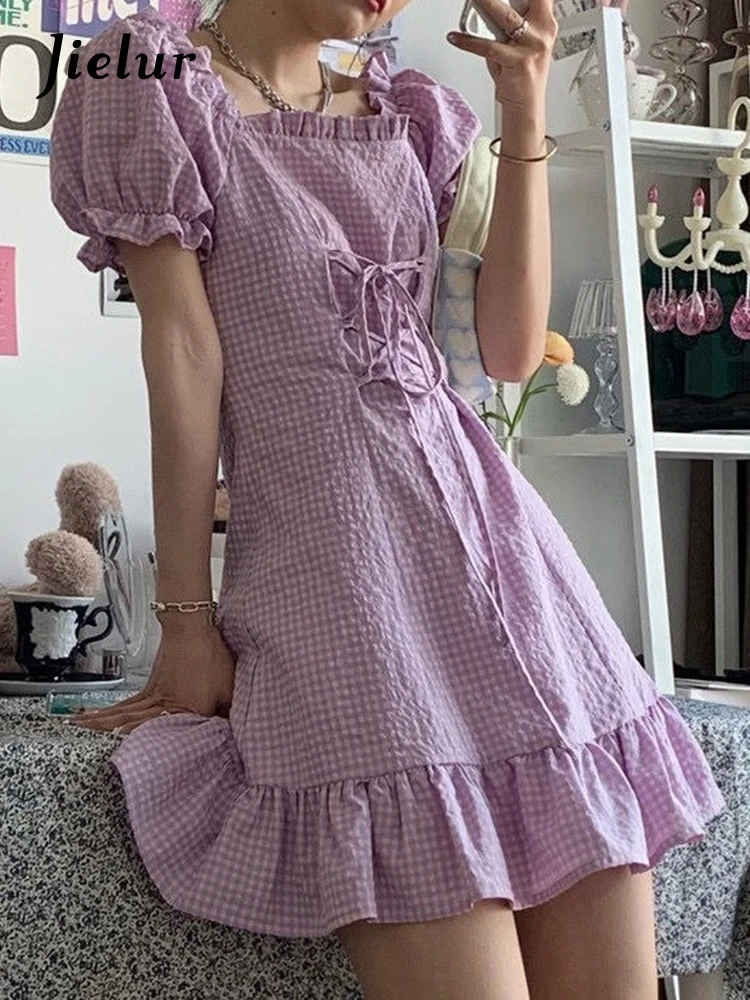 

Женское мини-платье с оборками Jielur, фиолетовое клетчатое элегантное Бандажное платье с пышными рукавами и квадратным вырезом, милые платья в стиле преппи, лето 2022