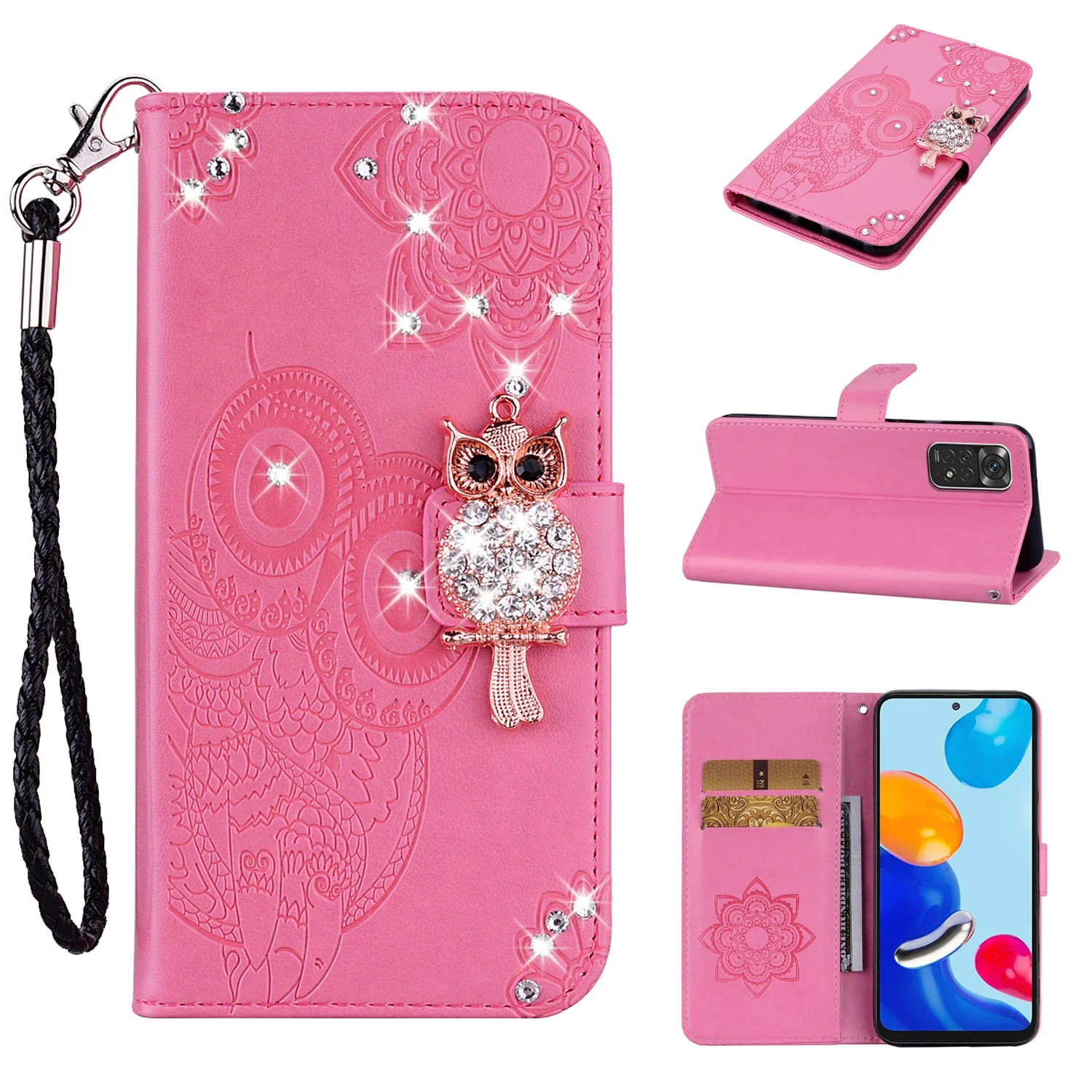 

Glitter Cards Solt Wallet Flip Leather Case For Xiaomi Redmi Note 12 Pro 13 10 11 10 10S 12T 13T Owl Emboss Bling Bag Book Cover