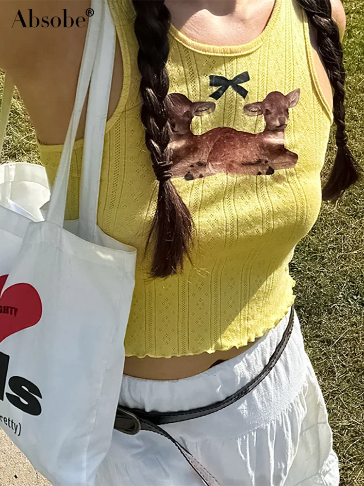 Женская майка с бантом и принтом оленя Absobe Y2K, контрастная облегающая американская повседневная трикотажная короткая жилетка в рубчик, новинка 2024, уличная одежда 
Женская майка с бантом и принтом оленя Absobe Y2K, контрастная облегающая американская повседневная трикотажная короткая жилетка в рубчик, новинка 2024, уличная одежда