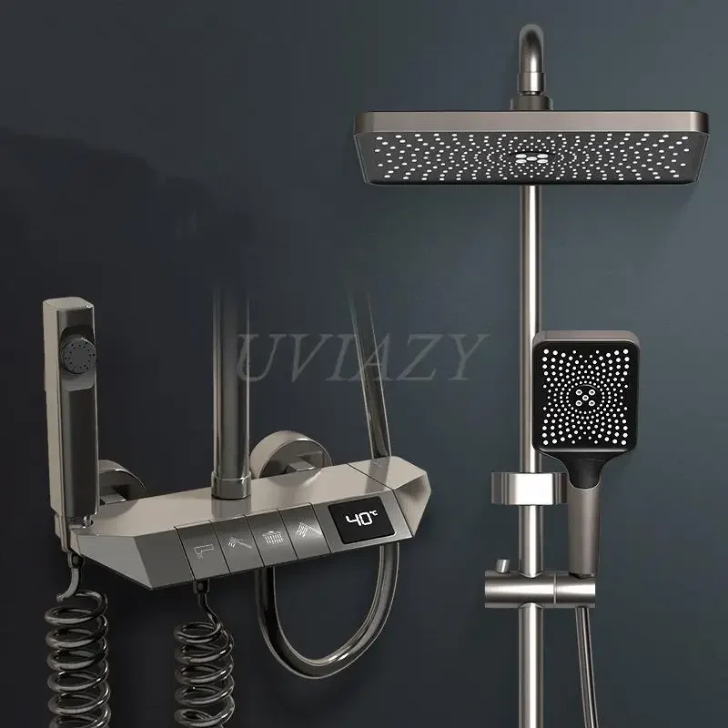 

Black Rainfall Bathroom Shower Faucet Set Head Sprayer Bathtub Mixer Thermostatic Tap