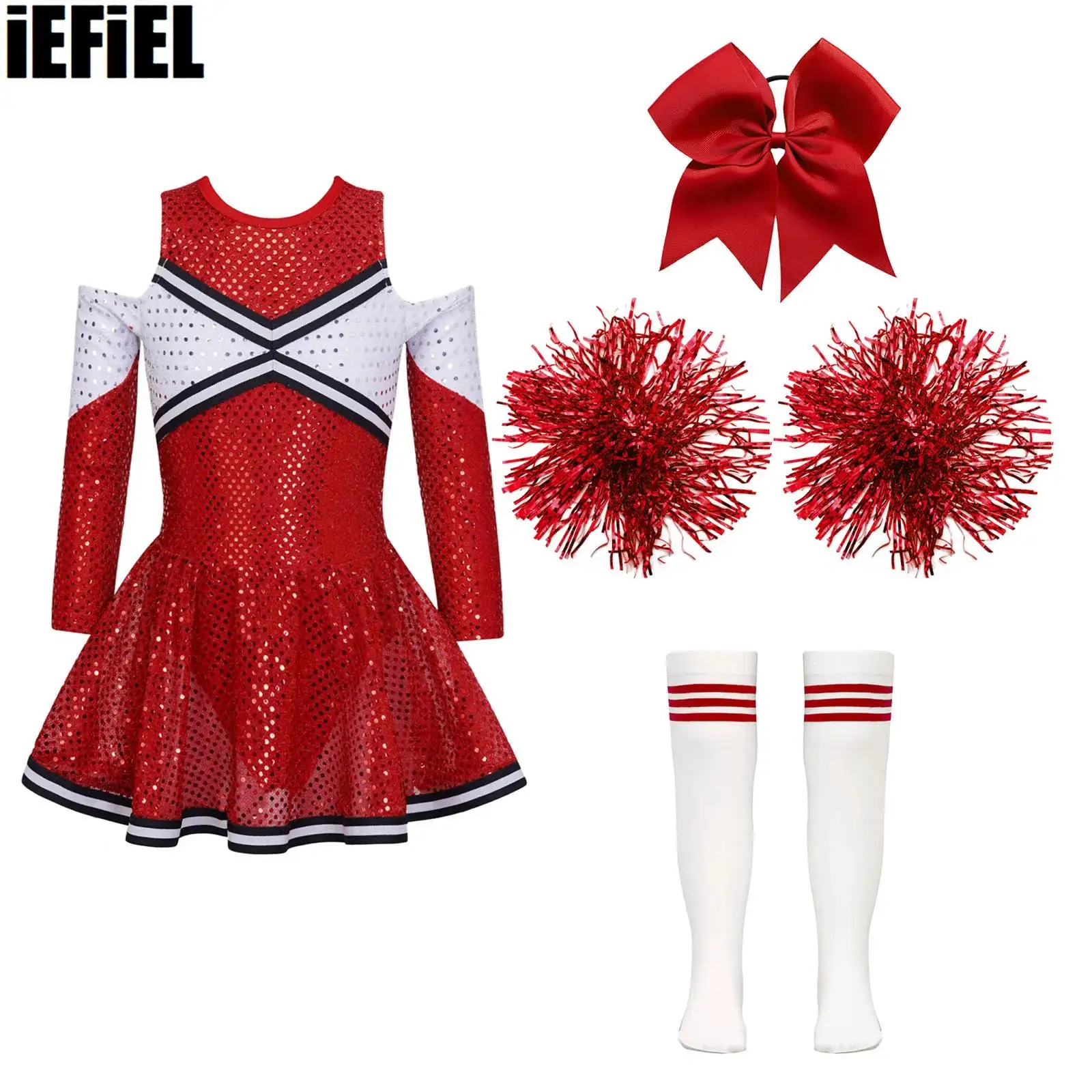 Kids Girls Shiny Sequins Dance Outfits Long Sleeve Off-Shoulder Contrast Color Dress with Headwear Hand Flowers Striped Socks
Kids Girls Shiny Sequins Dance Outfits Long Sleeve Off-Shoulder Contrast Color Dress with Headwear Hand Flowers Striped Socks