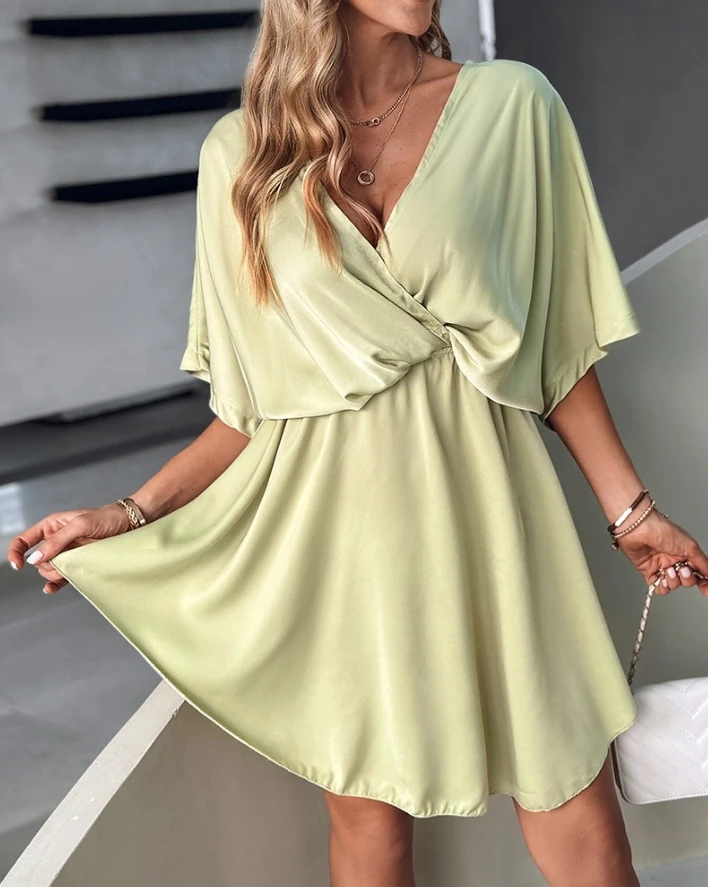 

Women Dress Casual Summer Vacation Loose Solid V-Neck Batwing Half Sleeve Overlap Ruched Flowy Swing Wrap A Line Mini Dress
