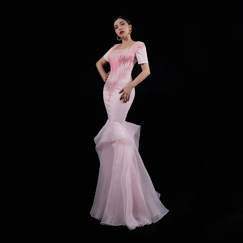 

Bai Sha Pink Evening Dress Custom Fashion Handmade Beading Slim Fitting Young Girls Wedding Gown For Formal Occasions H233-1