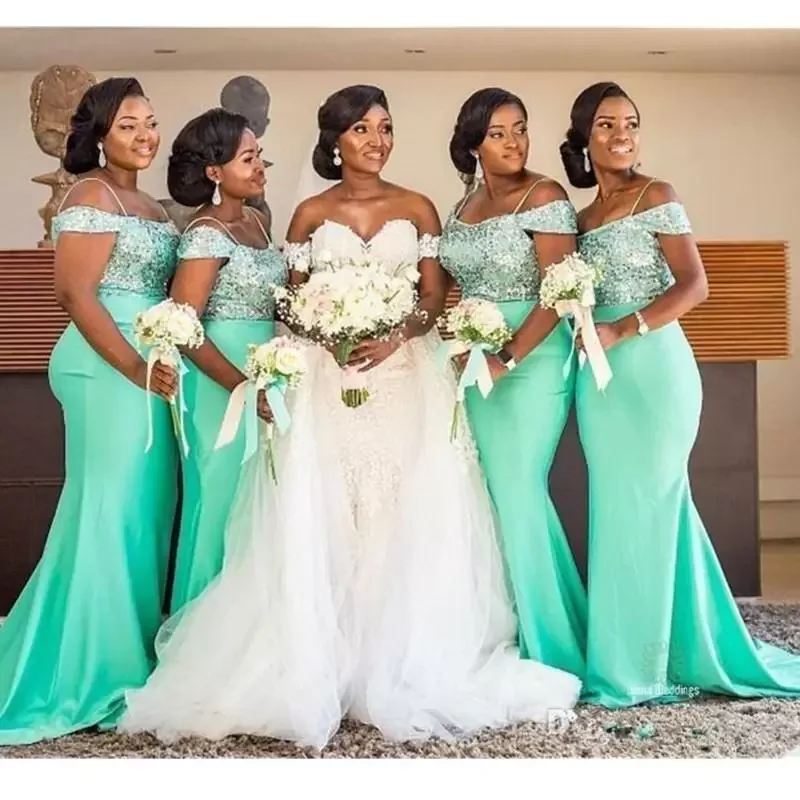 

ANGELSBRIDEP Mint Green African Bridesmaid Dresses Off Shoulder Sequined Mermaid Wedding Guest Prom Gowns Maid Of Honor Dress