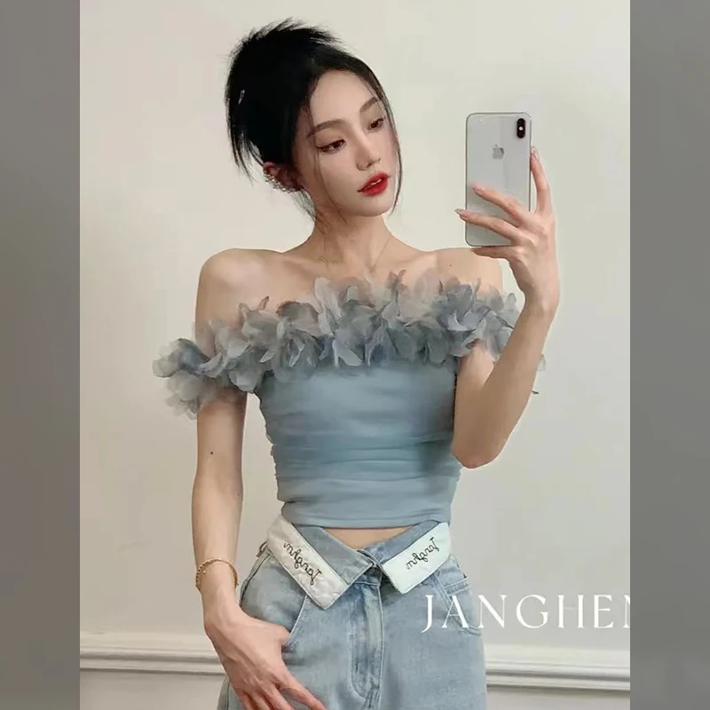 

Tanks Camis Sexy Slim Blusas Mujer Blue Strapless Shirt Chemise Femme Tops Tees Slash Feather Blouses Korean Shirts for Women