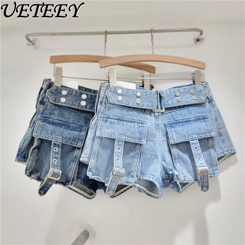 

High Street Workwear with Pocket Denim Shorts Women Fashion Personality Wide-Leg A- Line Shorts 2024 Summer Slimming Hot Pants