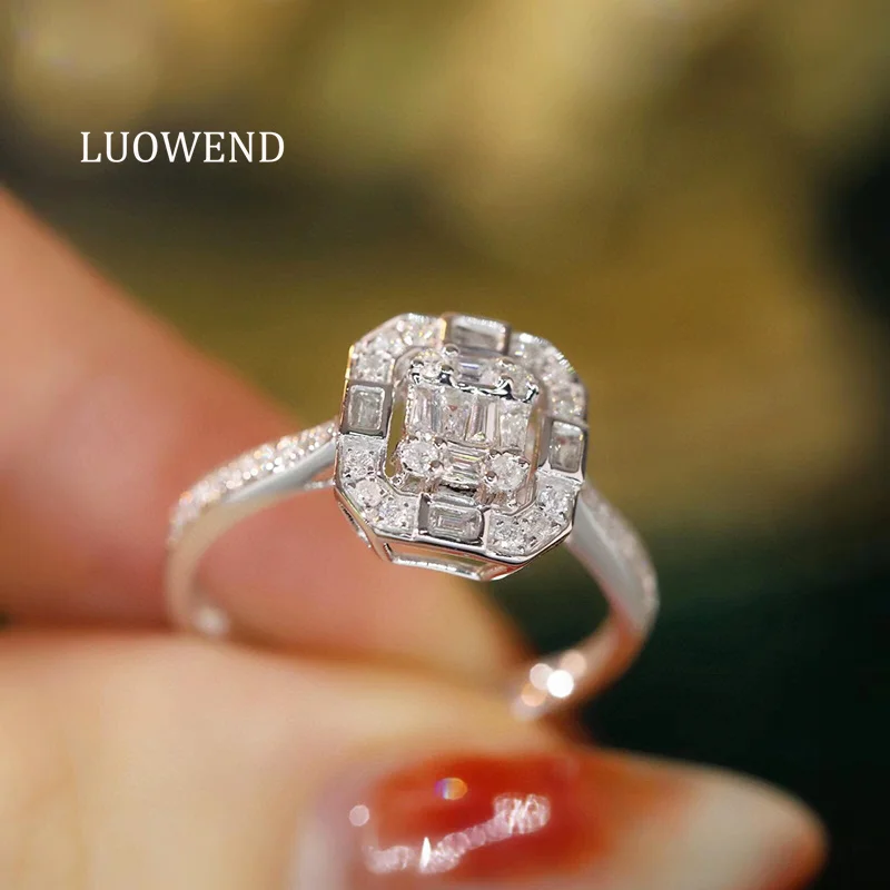

LUOWEND 18K White Gold Rings Fashion Square Design 0.60carat Real Natural Diamond Engagement Ring for Women High Wedding Jewelry
