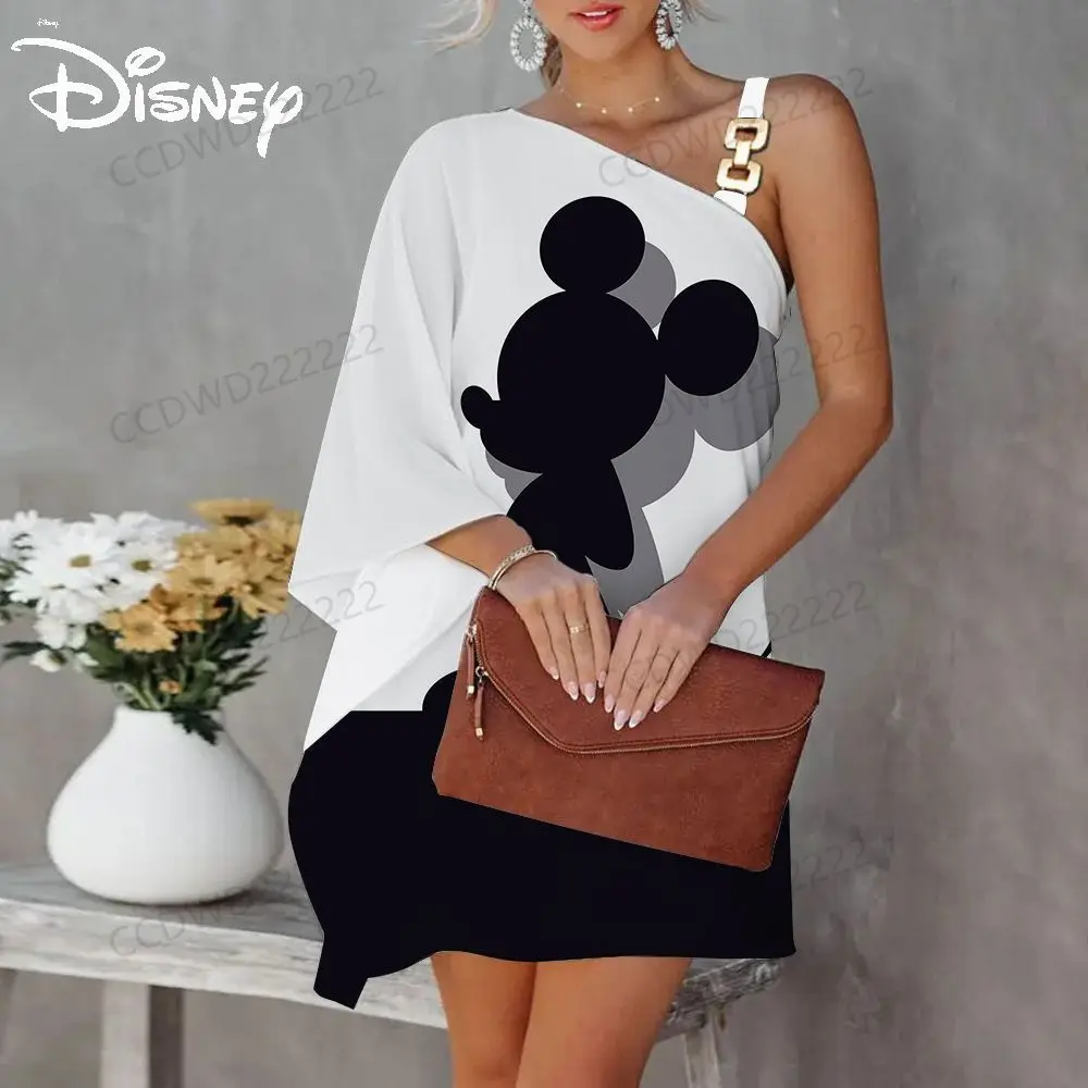 

Elegant Dresses for Women One-Shoulder Dress Minnie Mouse Mickey Disney Diagonal Collar Evening Party Luxury Prom 2023 Sexy Mini