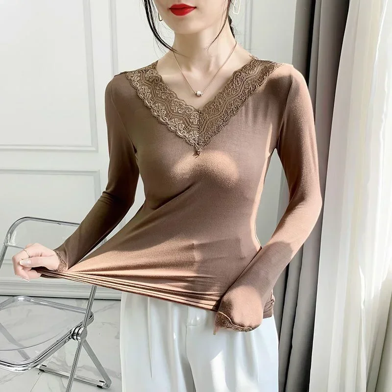 Women Lace Patchwork Autumn and Winter Bottoming Shirt Women's Clothes Thin Modal Lace Lingerie Women Thermal Shirt Clothing
Women Lace Patchwork Autumn and Winter Bottoming Shirt Women's Clothes Thin Modal Lace Lingerie Women Thermal Shirt Clothing