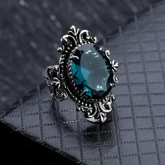 Huretailers-Bague Vintage à Motif Sculpté pour Femme, avec Pierre Ovale Bleue CZ, Rétro, pour ix, Chic, Cadeau pour les Travailleurs, Nouveaux Bijoux 1