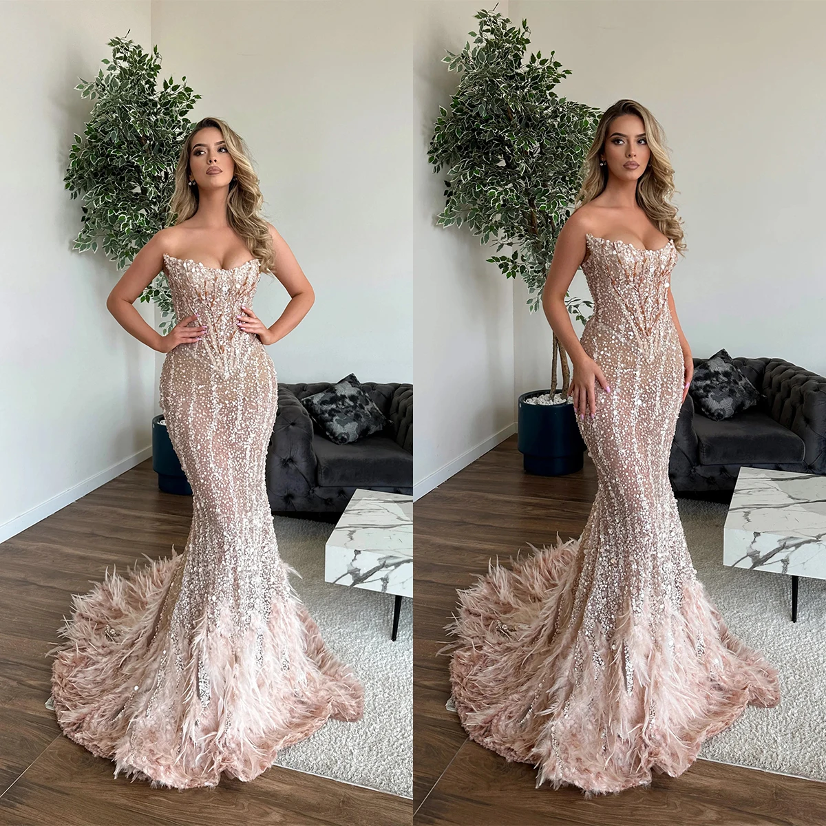 

Charming Evening Dresses Mermaid Strapless Sequined Applique Feathers Court Gown Backless Prom Dress Vestido De Noite Customized