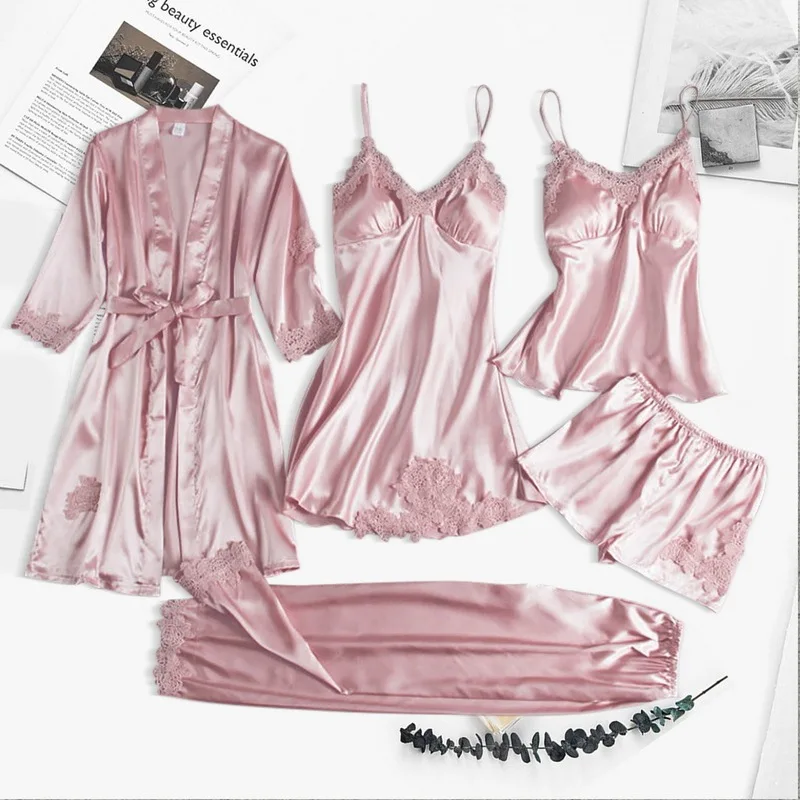 

5pcs Silk Robe Sleep Suit Womens Lace Satin Pajamas Gown Set V-Neck Cami Nighties Wear Pijama Home Nightwear Spring Nightdress
